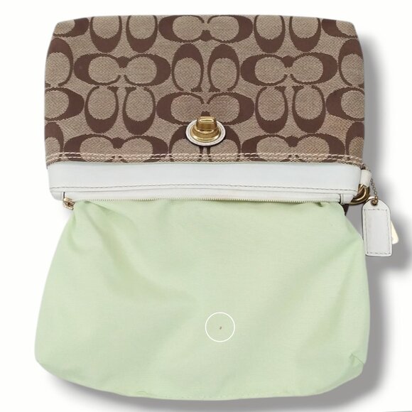 Coach Wristlet Signature Canvas Logo Brass Turnlock Beige Brown White Leather - Picture 9 of 10